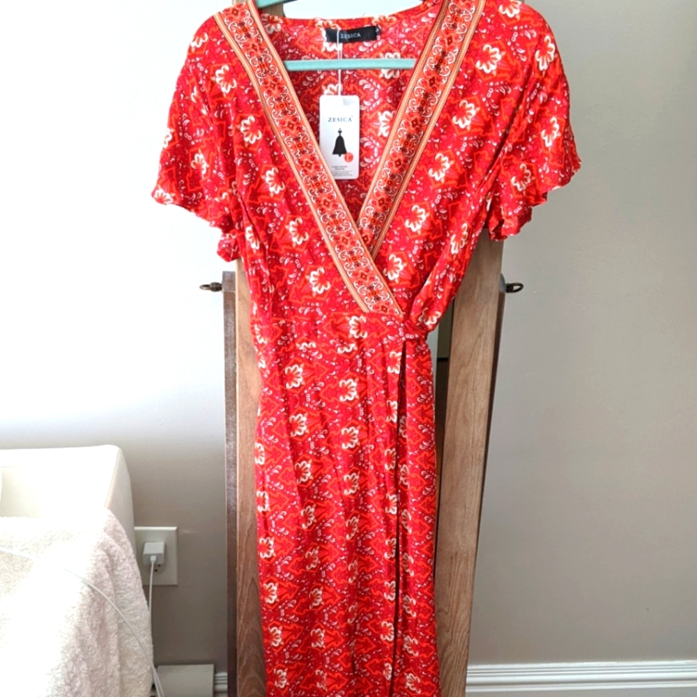 Red boho wrap maxi dress